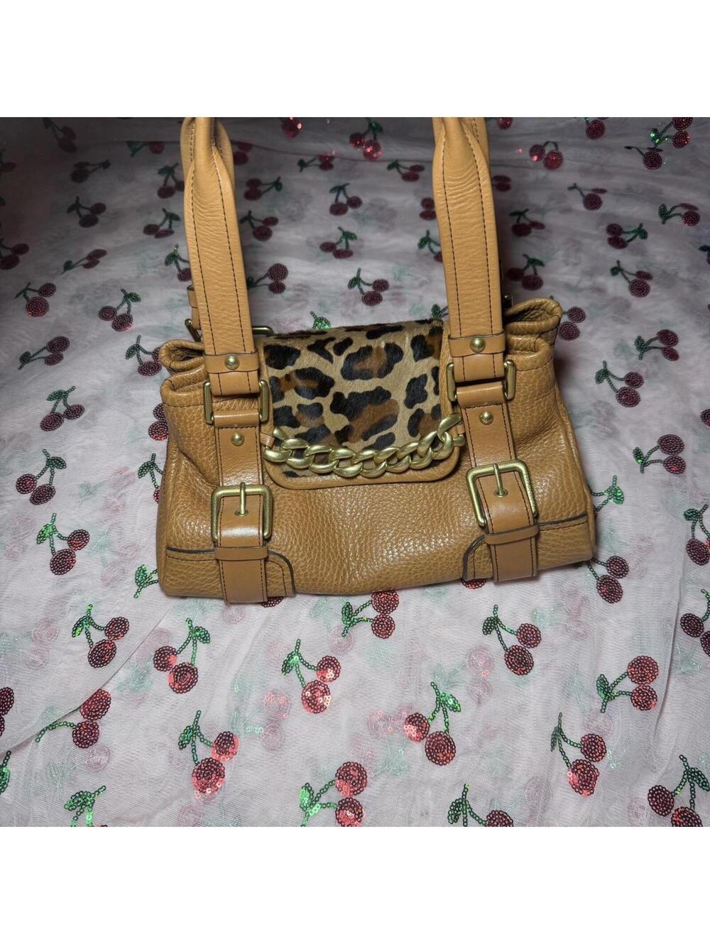 Kenneth Cole Leopard print and tan leather handbag with chain detail  #leather
